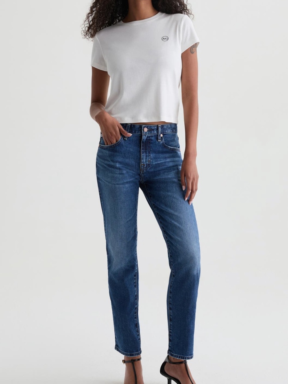 Ag Adriano Goldschmied Mid Rise Straight Leg Jeans in Medium Blue